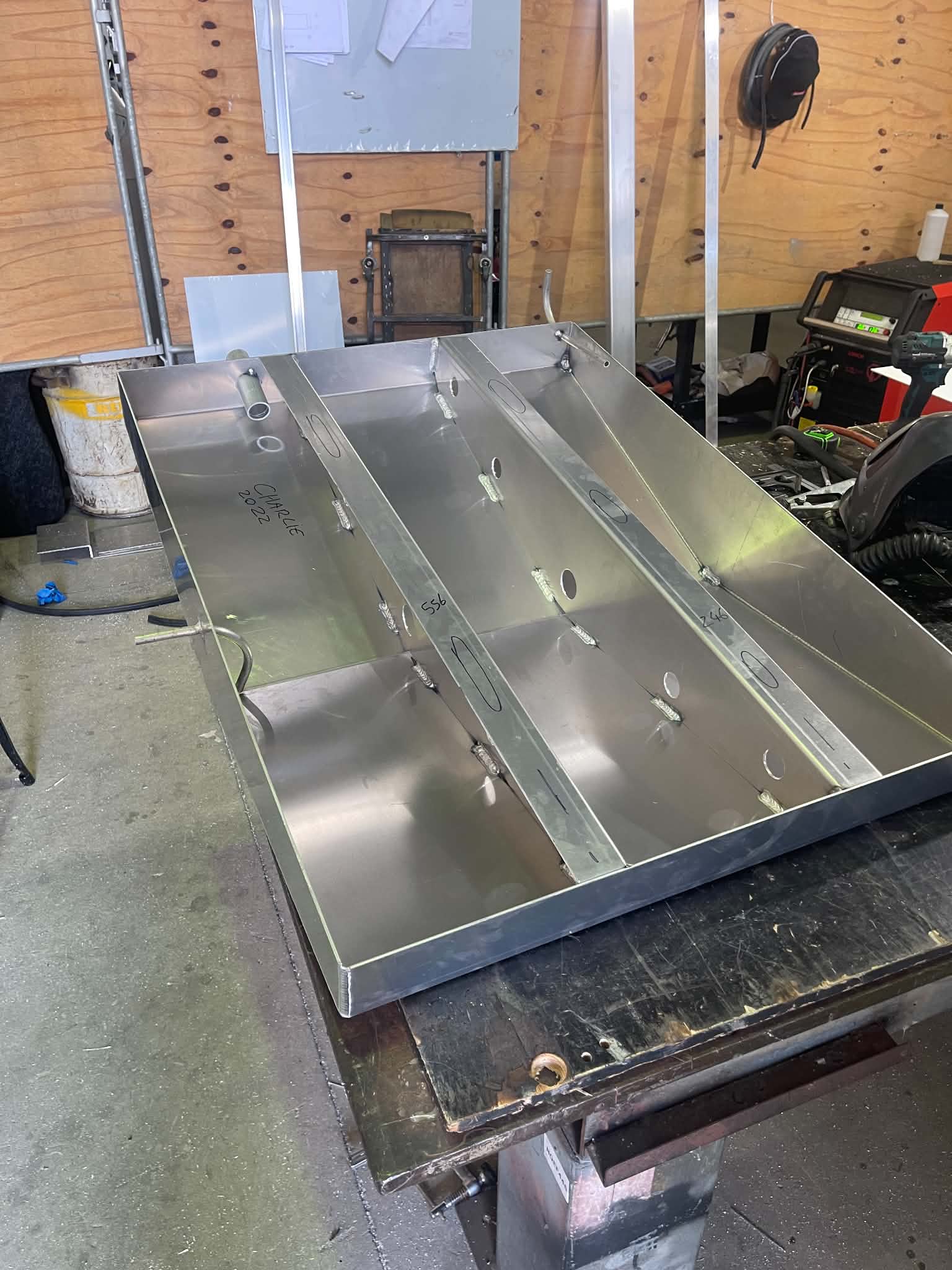 Aluminium boat hull on stand